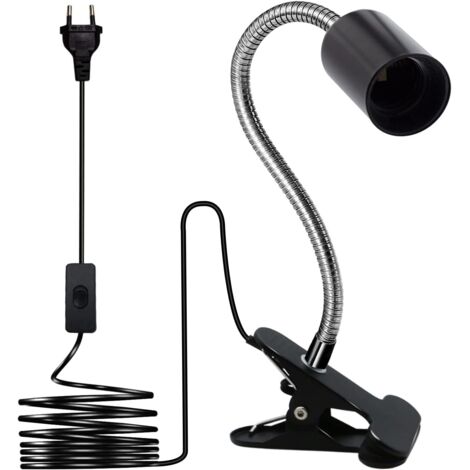 Bombilla E27 con pinza, lámpara con pinza, casquillo flexible de 350 mm, ajuste de 360 grados, base metálica con pinza, cable de 220 cm con interruptor, foco E27 para cama/lectura, negro