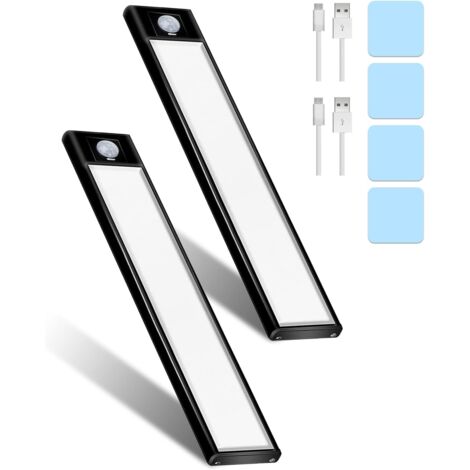 Dos luces LED recargables para armario con sensor de movimiento, 31 LED, 20 cm, iluminación por inducción, 3 modos, recargables por USB, luz nocturna LED inalámbrica para escaleras, armarios, cocinas 