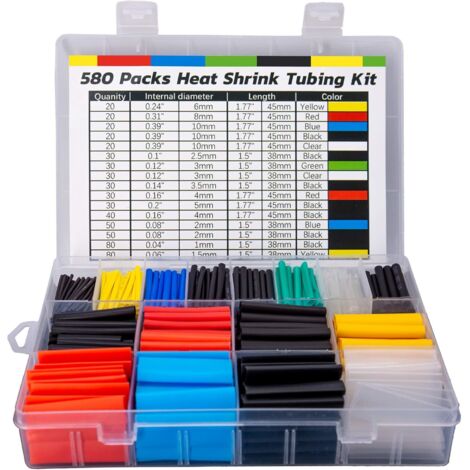 Kit de 580 tubos termorretráctiles para aislamiento eléctrico, con una relación de contracción de 2:1 (6 colores, 11 tamaños)