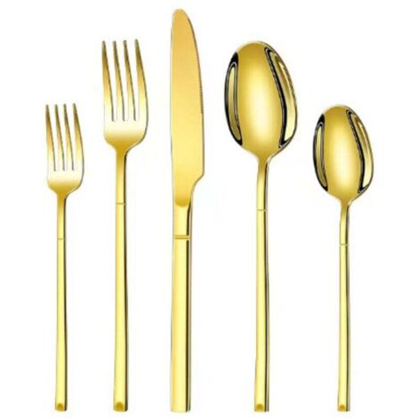 Juego de cubiertos de 5 piezas - Juego de cubiertos - Juego de cubiertos chapados en oro - Cuchillo, tenedor y cuchara - Acero inoxidable 304 (1/4)