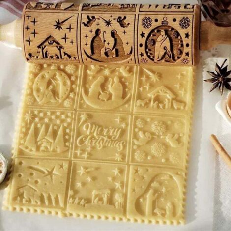 Rodillo de madera para Navidad, 3D, con 9 escenas diferentes para hornear galletas en relieve, grabado (1 unidad) (1/4)