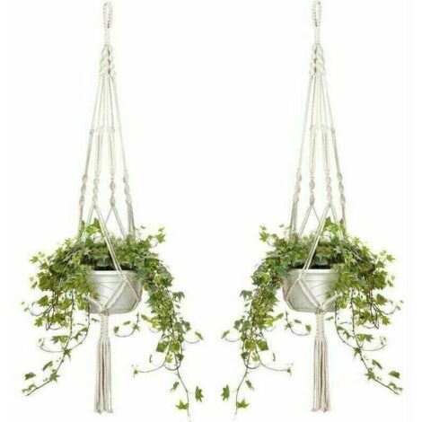 Juego de 4 cestas colgantes de macramé, macetero de cuerda de algodón, cestas colgantes para interior y exterior, decoración de techo, balcón o pared, 105 cm, 4 cuerdas, blanco, otra decoración de par