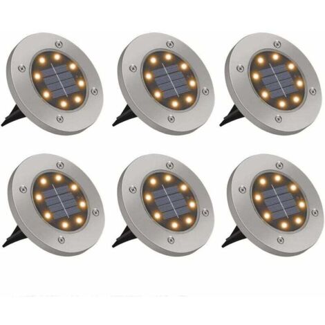 Paquete de 6 luces solares para exteriores de 8 LED, resistentes al agua IP65, focos solares de acero inoxidable para exteriores, luces de jardín blancas cálidas para patio, camino, terraza y césped - (1/4)