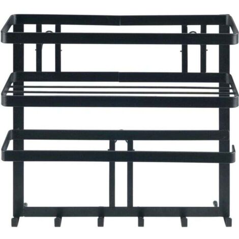 Estante de cocina multifuncional Gala, de metal negro, con dispensador de papel de cocina de pared y ganchos para colgar utensilios de cocina, metal, 30 x 33 x 9 cm, negro