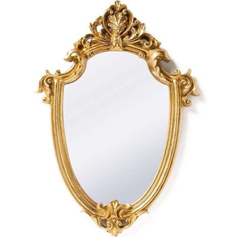 Espejo de pared vintage con forma de escudo dorado – 30 x 22 cm, elegante decoración de pared para salón o dormitorio. (1/4)