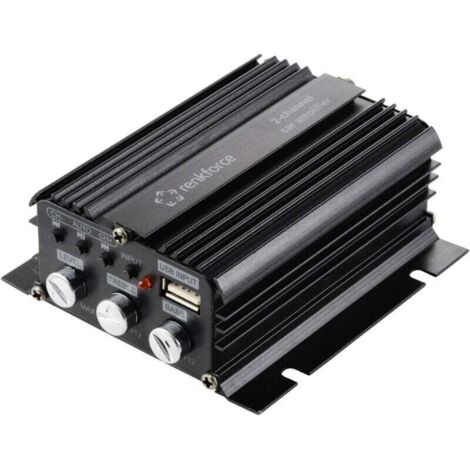 Amplificador estéreo para automóvil RF-CMP-202 de 100 W y 2 canales con Bluetooth® y reproductor USB, controles de volumen/graves/agudos. (1/4)