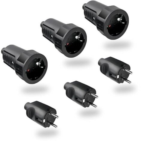 Enchufe exterior resistente a la intemperie IP44 250V/6A – 3 pares macho/hembra con 2 clavijas redondas, negro, sin cable (1/4)