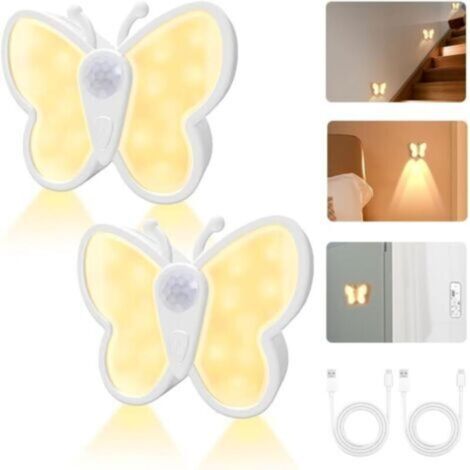 Luces nocturnas LED con sensor de movimiento, 2 unidades, brillo ajustable, 3 colores, forma de mariposa, recargables por USB – Ideales para dormitorio, pasillo, cocina