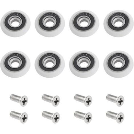 Rodillos para puertas de ducha – Paquete de 8 rodillos con tornillos M5, guías curvas blancas y ruedas excéntricas, 23 mm de diámetro.