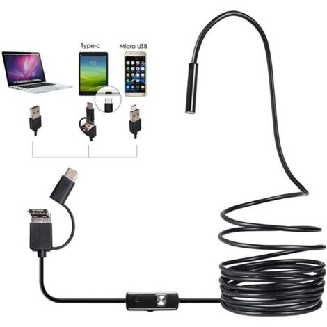 Cámara de inspección USB-C HD impermeable 3 en 1 para tuberías, tubo flexible de 5 m, brillo ajustable, color negro. (1/4)