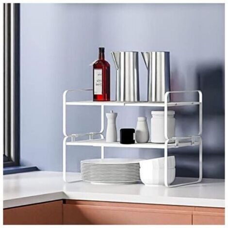 Estantería de cocina blanca apilable y extensible – 42 x 21 x 36,5 cm – metal y madera de ingeniería – organizador de platos y especias