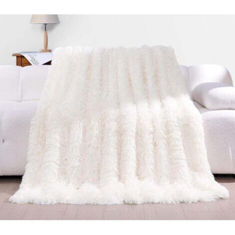Manta de forro polar ultrasuave de 160 x 200 cm – Lujosa piel sintética, color blanco crema, manta para cama y sofá. (1/4)