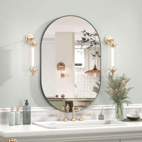 Espejo de baño ovalado de pared – 40 x 60 cm, elegante marco de metal negro, espejo de tocador de diseño estilizado