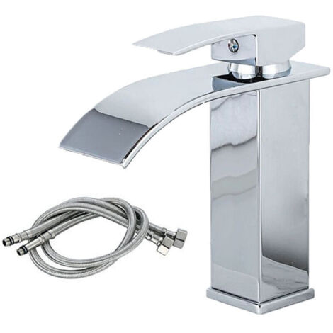 Grifo de baño tipo cascada de latón macizo: caño curvo, mezclador de agua fría y caliente, diseño moderno y elegante. (1/4)