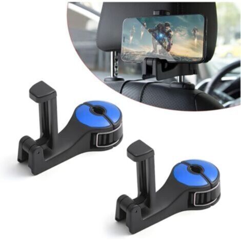 Ganchos para asiento de coche 2 en 1 con soporte para teléfono – Rotación de 360°, Azul, Juego de 2 (1/4)
