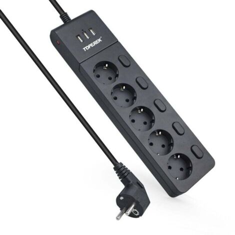 Regleta de 5 tomas + 3 puertos USB con protector contra sobretensiones, interruptor y protección contra picos de tensión – 2 m, 2500 W / 10 A, para el hogar y la oficina.