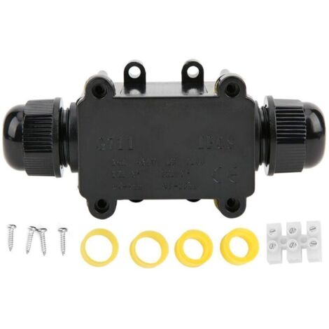 Caja de conexiones IP68 resistente a la intemperie para cables exteriores – 2 vías, prensaestopas ajustables (4–15 mm), color negro