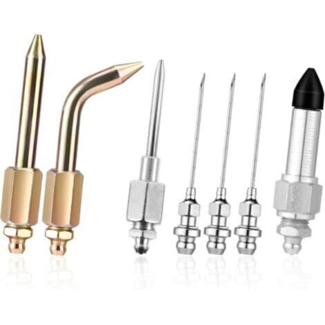 Kit de accesorios para pistola de engrase – 7 piezas: 3 boquillas, 1 dispensador de agujas, punta de goma, boquilla recta y codo. (1/4)