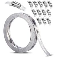 Kit de abrazaderas de manguera de acero inoxidable 304 (DIY), tira de metal perforada de 3,5 m + 12 fijaciones, ajustable, para tuberías, gas, agua, coche, lavadora y jardín.