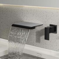 Grifo de baño de pared con cascada, monomando, para lavabo de encimera, agua caliente y fría, ultrafino, de cobre macizo, color negro.