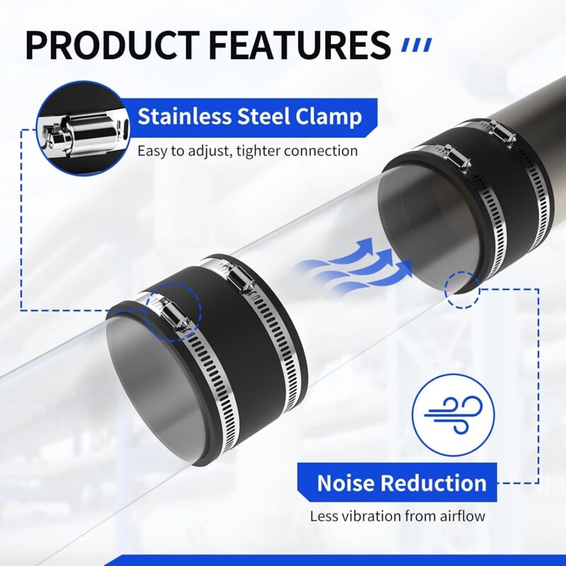 Manchon en caoutchouc flexible de 100 mm avec 2 colliers de serrage en acier inoxydable - Manchon de réduction de bruit - Sans odeur - Pour ventilateur de tuyau, filtre à charbon