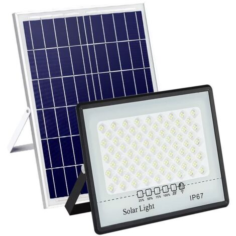 Projecteur Solaire Extérieur 100W 128 LEDS + Panneau Photovoltaïque à Haute Conversion, Télécommande, Capteur d'allumage Automatique. Projecteur Solaire IP67 pour Éclairage, Jardin, Garage (1/5)