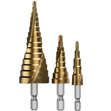 3PCS Foret Fraise Meche Etage, HSS Inox Metal, 4-12/20/32mm, Triangle Conique Titane, avec Tige Hexagone, Pour Visseuse Percage sur Acier, Laiton, Bois, Plastique (1/5)