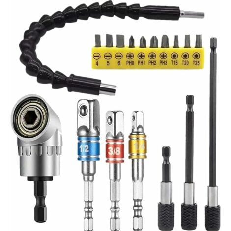 GABRIELLE Embout flexible pour perceuse adaptateur de 105 ° - 3 adaptateurs pour visseuse sans fil (1/4, 3/8, 1/2"), 1 kit d'extension d'angle flexible. (1/5)