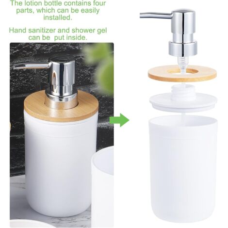 Rangement Salle De Bain Set Salle De Bain 4 Pièces - Distributeur Lotion, Porte-Savon, Porte-Brosse à Dents, Tasse | En Bambou Et PP | Déco Moderne Pelle Balayette