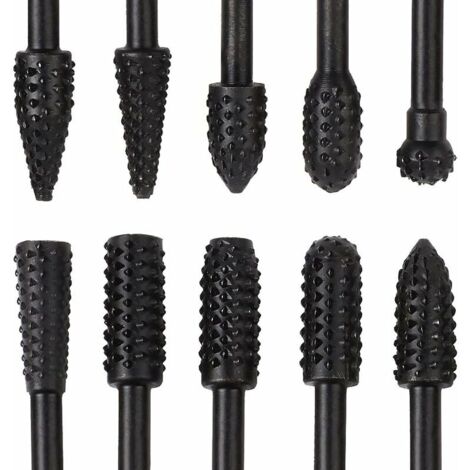10 Pcs Fraise Metal Noir 6.3mm 1/4 Antirouille Acier Carbure De Tungstène Set Râpe Forets Fraises Rotatives En Outils Pour Bois Sculpture Faire Modèle Polir Bricolage (1/5)
