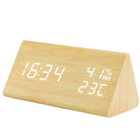 Gabrielle – Réveil lumineux en bois triangulaire – Affichage température et humidité – 3 niveaux de luminosité – Alimentation USB – Dimensions 15x8x7 cm (1/5)