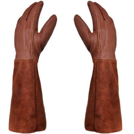 Gants de jardinage - Paire de gants de jardinage - Protection cuir - Gants longs de jardinage à épines résistants aux perforations et aux coupures et gants de soudage TIG pour apiculture - Marron - L