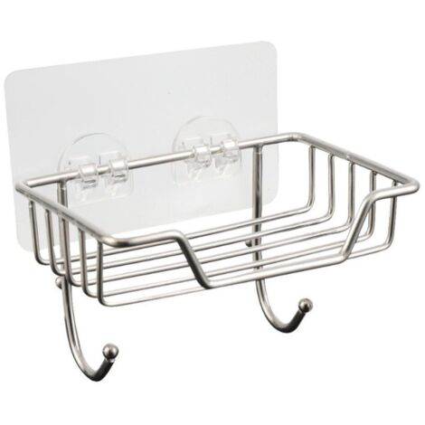 Porte Savon, Acier Inoxydable en Support Savon, Porte Savon Mural avec 2 Crochets, Porte-éponge, Porte-Savon Auto-adhésif pour Salle de Bain et Cuisine (1/5)