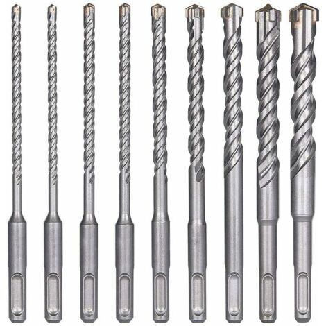Forets à Béton, 9PCS (5 mm 16x160 mm) Foret Carrelage, Foret à Percussion Électrique SDS-Plus pour Perforateur, Forets Transversaux pour Béton, Brique, Pierre, Naturelle, Métal (1/5)