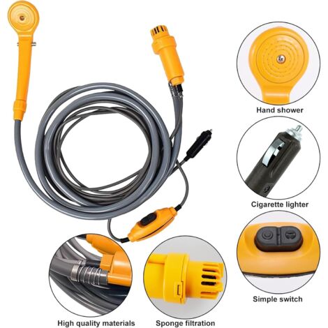 LIEBMAYA Douche De Camping Portable 12V – Pompe Immergée + Pommeau, Idéale Pour Rando, Lavage Chien, Voiture, Jardin, Voyage – Débit Réglable, Crochet S Et Ventouse Inclus, Noir Et Bleu