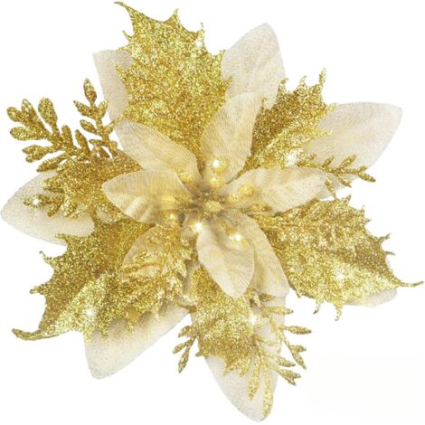 24 Pièces Fleurs De Poinsettia Glitter Noël - Ornements Arbre De Noël Artificielles Scintillantes - Décoration Fête Or Et Argent