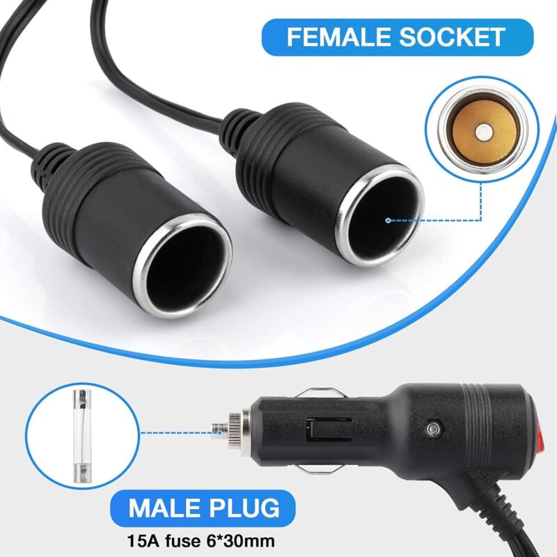 Nizirioo Câble Extension Allume-Cigare 2M 16AWG – Rallonge Voiture Avec Fusible 15A, Étanche Anti-Poussière, Pour Réfrigérateur, Bateau, Moto, Camion 12-24V