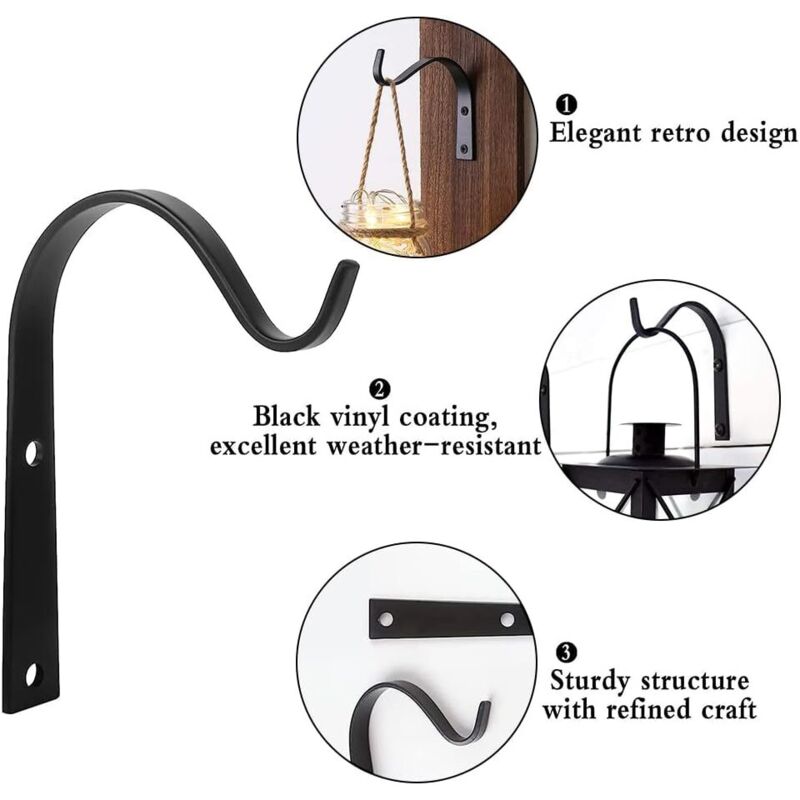 Lot De 2 Supports Panier Suspendu Fer Forgé 152 Mm - Crochets Muraux Noirs Pour Plantes, Lanterne, Mangeoire Oiseaux