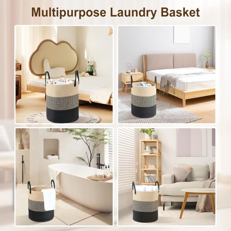 Panier à linge tressé en coton 45 l Avec anse Panier à linge tressé Panier de rangement pour chambre d'enfant, salle de bain 35 x 40 cm Beige et noir