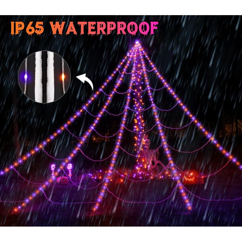 Guirlande Lumineuse Toile D'araignée Halloween 6x5 M - 150 LED Orange/violet, USB/batterie, Minuterie, étanche - Décoration Extérieure/intérieure