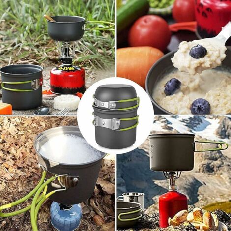 VEGOATY Batterie Cuisine Camping 1-2 Personnes - Casserole Aluminium + Ustensiles Pliables - 415g