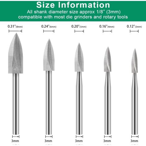 Ensemble De 5 Mèches De Sculpture Sur Bois Pour Dremel - Tige 1/8" - Outils Rotatifs Acier Pour Gravure, Ponçage Et Bricolage