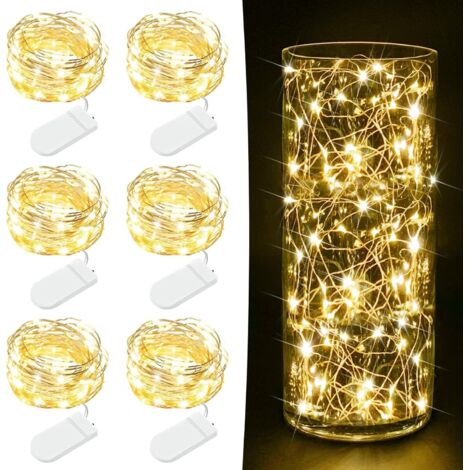 Lot de 6 guirlandes lumineuses à piles - 2 m - 20 LED scintillantes - Fil de cuivre - Mini guirlande lumineuse pour bocaux Mason - Bricolage - Fête de mariage - Blanc chaud