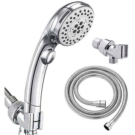 Pommeau de Douche Chromé avec Bouton Stop Douchette à Main 5 Jets au Choix Pomme de Douche Picots Anticalaire Type Universel (1/5)
