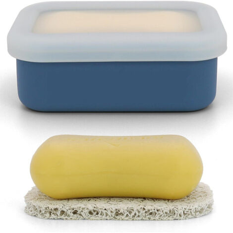 Boîte à savon de voyage compacte et étanche, contenant en silicone, portable avec couche de drainage pour salle de bain et salle de sport (bleu) (1/5)