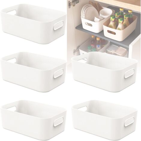Lot de 5 petites boîtes de rangement en plastique blanc avec poignée, paniers de rangement pour étagères, cuisine, bureau, réfrigérateur, salle de bain et maison – 20,5 x 14 x 7 cm (1/5)