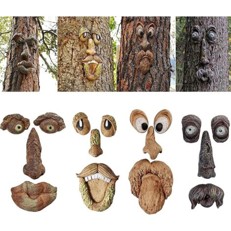 Décoration de Tronc d'arbre 4 pièce,3D en Forme de Visage d'arbre de Vieil Homme,Drôle de Résine Birdfeeder,Sculpture de Plein air en Forme Visage d'arbre pour décoration de Jardin (4 pièces)
