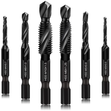 Lot de 6 forets et tarauds combinés - Outils de taraudage - Tailles M3 x 0,5 M4 x 0,7 M5 x 0,8 M6 x 1,0 M8 x 1,25 M10 x 1,5 avec revêtement noir antirouille, tige hexagonale de 6 mm et étui de (1/5)