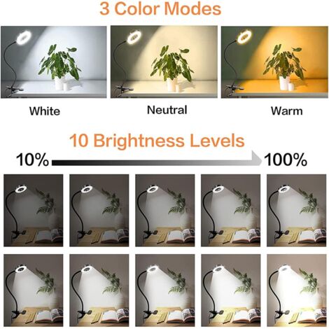 Lampe De BureauLed Bras Oscillant Glable, Pince, Alimente Par Usb, 3 Modes, 10 Niveaux De Luminosit, Fonction Mmoire