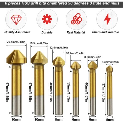 QWORK® 6 Pièces Fraise 90° 6.3-20.5 Mm - Foret à Fraiser HSS Pour Bois Métal Plastique